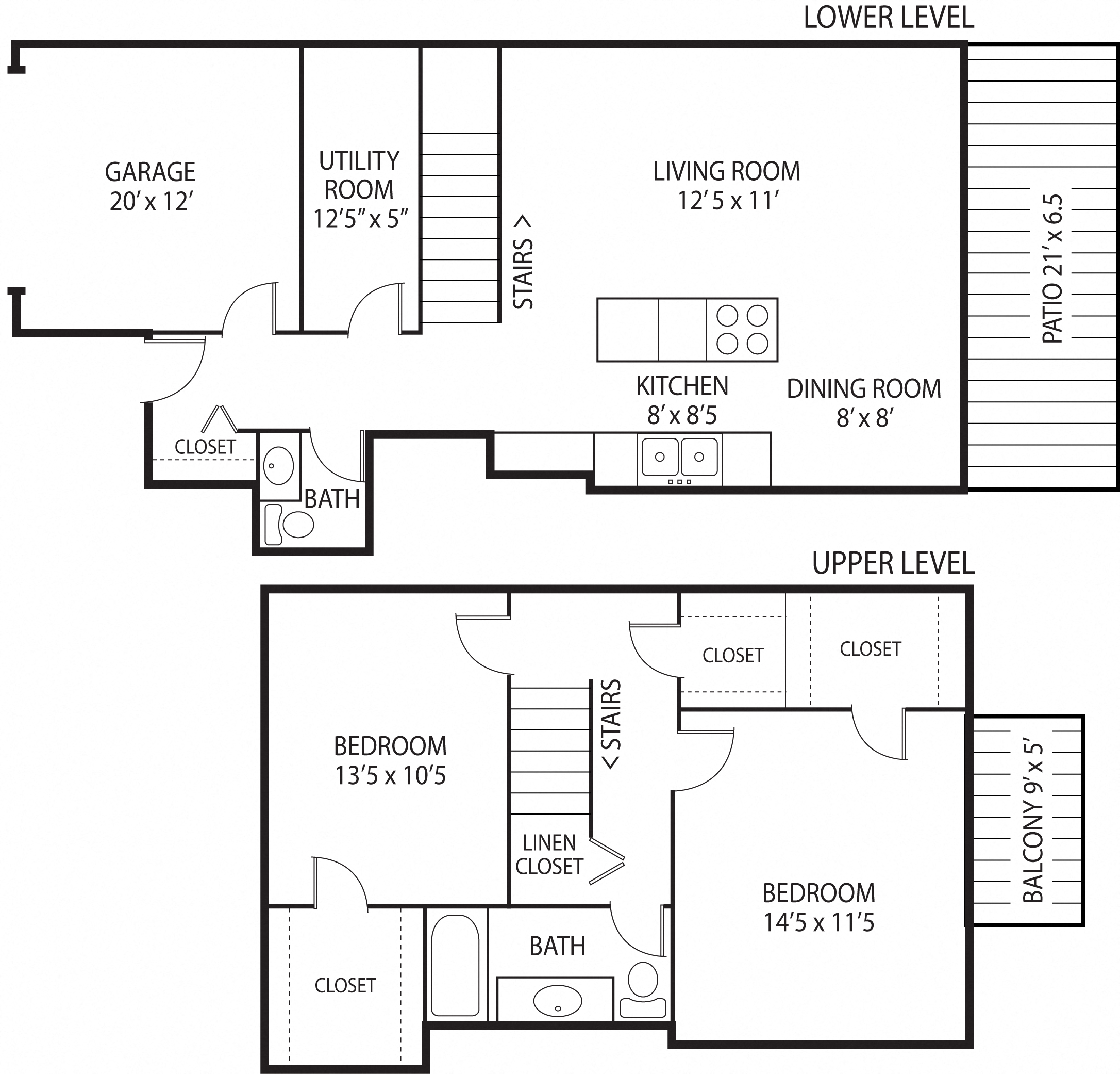 Floor plan for 2 beds, 1.5 baths, 1200 sqft